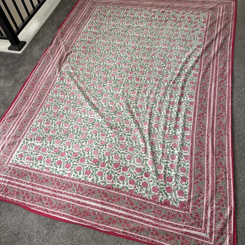 Pink & Green Indian Hand Block Print Tablecloth Floral Cotton 98" By 68"